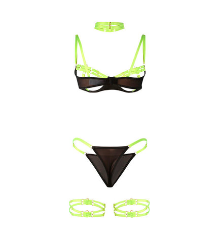 SUBBLIME - 955274 ENSEMBLE SOUTIEN-GORGE AVEC COLLIER ET DÉTAILS DE JAMBES VERT FLUORESCENT S/M by SUBBLIME SETS