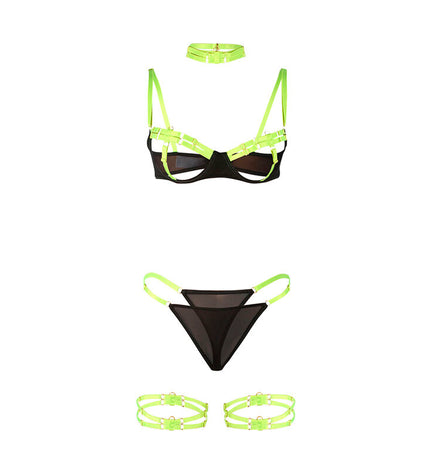SUBBLIME - 955274 ENSEMBLE SOUTIEN-GORGE AVEC COLLIER ET DÉTAILS DE JAMBES VERT FLUORESCENT S/M by SUBBLIME SETS