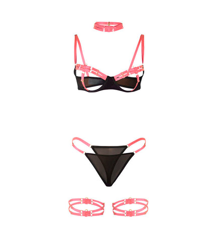 SUBBLIME - 955298 ENSEMBLE SOUTIEN-GORGE AVEC COLLIER ET DÉTAILS DE JAMBES ROSE FLUORESCENT S/M by SUBBLIME SETS