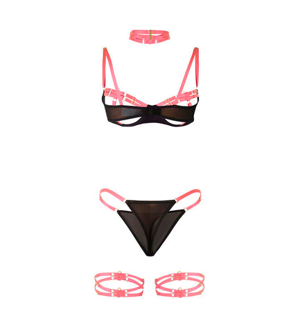 SUBBLIME - 955304 ENSEMBLE SOUTIEN-GORGE AVEC COLLIER ET DÉTAILS DE JAMBES ROSE FLUORESCENT L/XL by SUBBLIME SETS