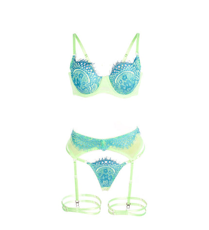 SUBBLIME - 955311 ENSEMBLE SOUTIEN-GORGE AVEC LIGNES DENTELLE ET JARRETELLE VERT ET BLEU S/M by SUBBLIME SETS
