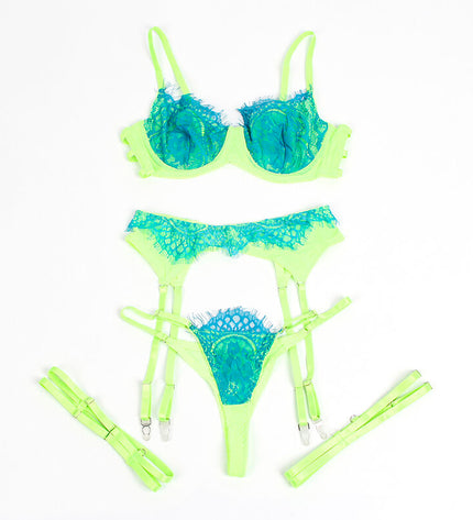 SUBBLIME - 955311 ENSEMBLE SOUTIEN-GORGE AVEC LIGNES DENTELLE ET JARRETELLE VERT ET BLEU S/M by SUBBLIME SETS