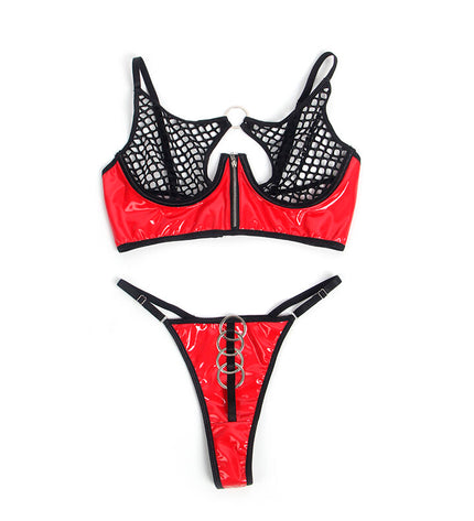 SUBBLIME - 955540 ENSEMBLE SOUTIEN-GORGE À FERMETURE ÉCLAIR EN CUIR VERNI ROUGE L/XL by SUBBLIME SETS