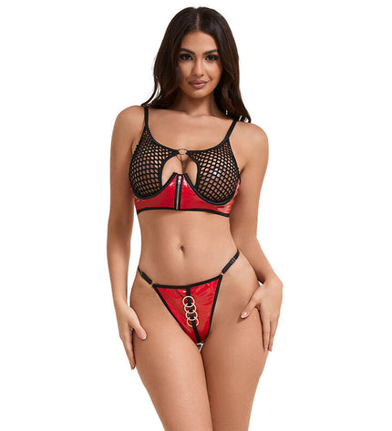 SUBBLIME - 955540 ENSEMBLE SOUTIEN-GORGE À FERMETURE ÉCLAIR EN CUIR VERNI ROUGE L/XL by SUBBLIME SETS