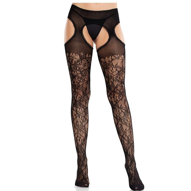 LEG AVENUE - BAS EN DENTELLE FLORALE AVEC JARRETELLES UNITED BLACK by LEG AVENUE HOSIERY