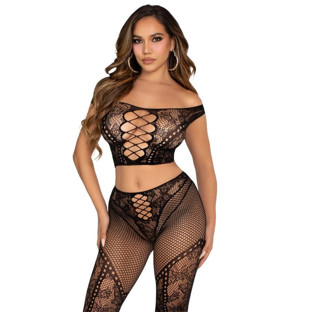 LEG AVENUE - CROP TOP ET LEGGING RÉSILLE ÉPAULES DÉNUDÉES NOIR by LEG AVENUE SETS