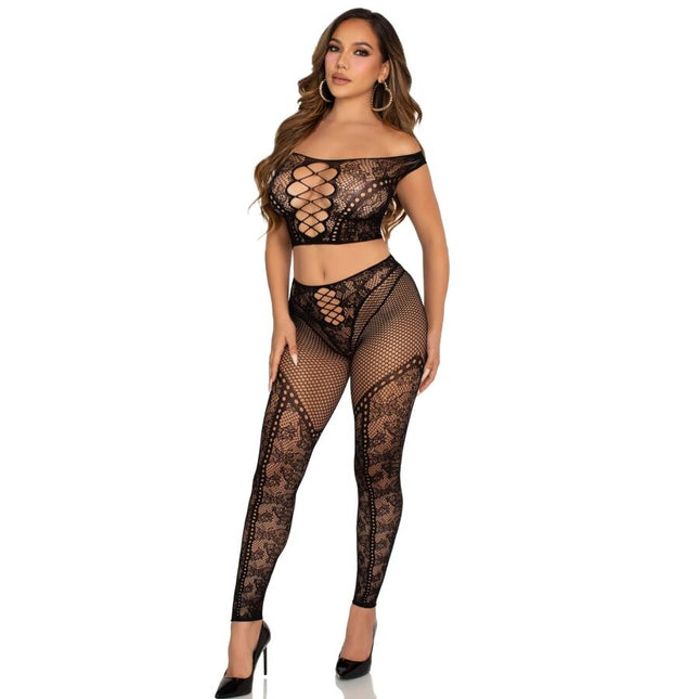 LEG AVENUE - CROP TOP ET LEGGING RÉSILLE ÉPAULES DÉNUDÉES NOIR by LEG AVENUE SETS