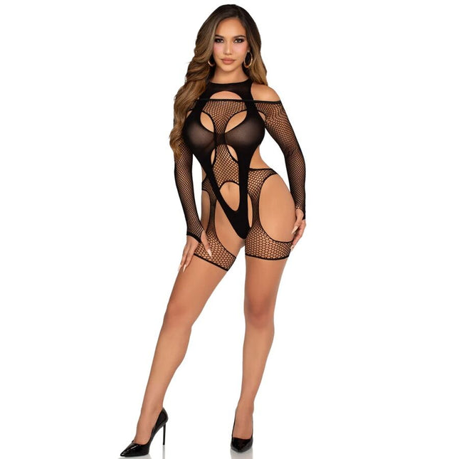 LEG AVENUE - BODYSTOCKING RÉSILLE AVEC PORTE-JARRETELLES ET HARNAIS NOIR by LEG AVENUE TEDDIES