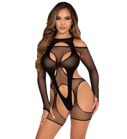 LEG AVENUE - BODYSTOCKING RÉSILLE AVEC PORTE-JARRETELLES ET HARNAIS NOIR by LEG AVENUE TEDDIES
