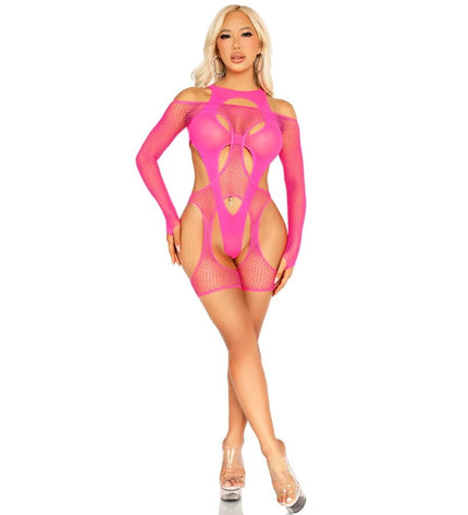 LEG AVENUE - BODYSTOCKING RÉSEILLE AVEC PORTE-JARRETELLES ET HARNAIS ROSE FLUO by LEG AVENUE TEDDIES