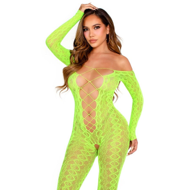 LEG AVENUE - BODYSTOCKING SANS FOURCHE EN DENTELLE SERPENT EXOTIQUE VERT FLUO by LEG AVENUE BODYSTOCKINGS