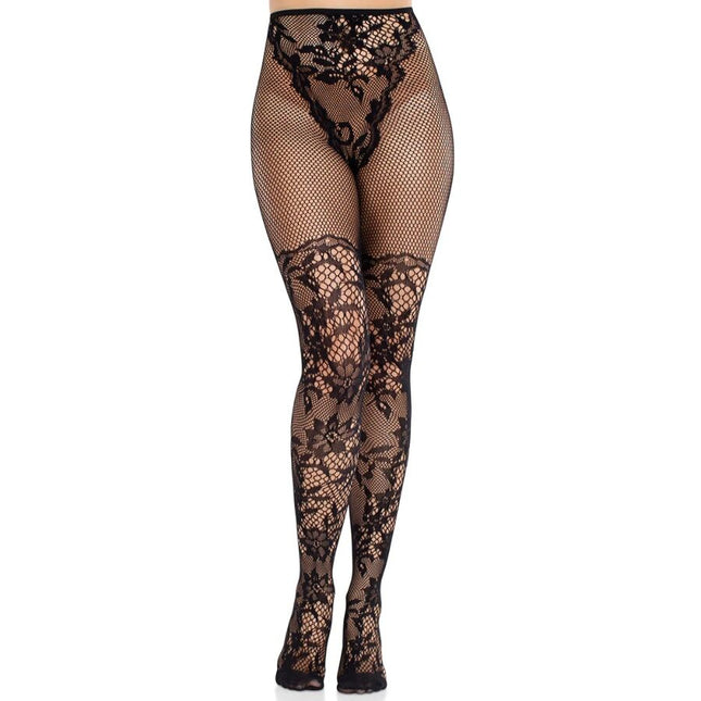 LEG AVENUE - BAS EN DENTELLE DAHLIA AVEC DÉTAIL EN FILET NOIR by LEG AVENUE HOSIERY