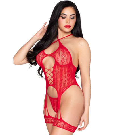 LEG AVENUE - 89338 BODY OUVERT EN DENTELLE AVEC PORTE-JARRETELLES + STRING ROUGE - TAILLE UNIQUE by LEG AVENUE BODYSTOCKINGS