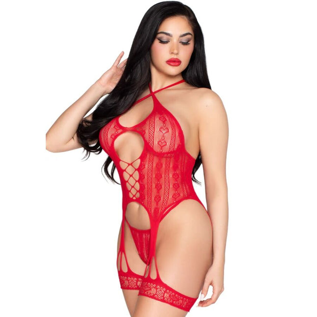 LEG AVENUE - 89338 BODY OUVERT EN DENTELLE AVEC PORTE-JARRETELLES + STRING ROUGE - TAILLE UNIQUE by LEG AVENUE BODYSTOCKINGS