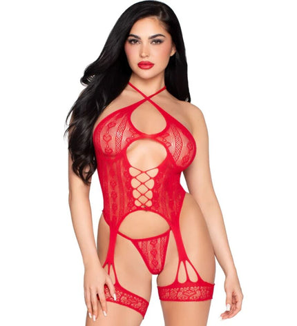 LEG AVENUE - 89338 BODY OUVERT EN DENTELLE AVEC PORTE-JARRETELLES + STRING ROUGE - TAILLE UNIQUE by LEG AVENUE BODYSTOCKINGS