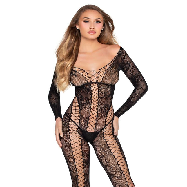 LEG AVENUE - 89369 COMBINAISON EN RÉSILLE ET DENTELLE NOIRE - TAILLE UNIQUE by LEG AVENUE BODYSTOCKINGS