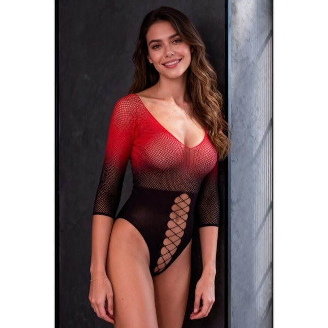 PASSION - BS118 BODYSTOCKING EN MAILLE NOIRE ET ROUGE by PASSION WOMAN BODYSTOCKINGS