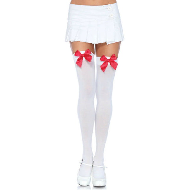 LEG AVENUE - CUISSES HAUTES EN NYLON AVEC NOEUD BLANC / ROUGE - Concombre Boutique