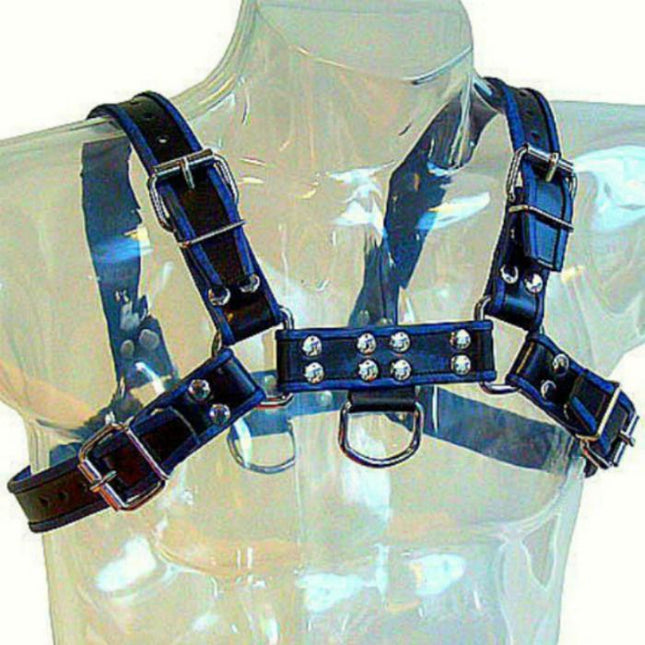LEATHER BODY - HARNAIS EN CUIR BLEU ET NOIR POITRINE BULLDOG by LEATHER BODY