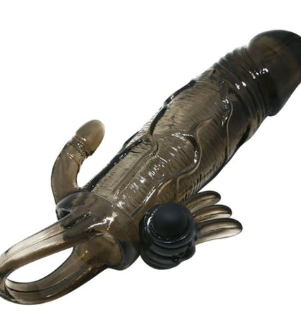 BAILE - COUVRE-PÉNIS BRAVE MAN AVEC STIMULATION CLITO ET ANAL DOUBLE BULLET NOIR 16.5 CM - Concombre Boutique