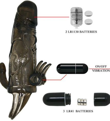BAILE - COUVRE-PÉNIS BRAVE MAN AVEC STIMULATION CLITO ET ANAL DOUBLE BULLET NOIR 16.5 CM - Concombre Boutique