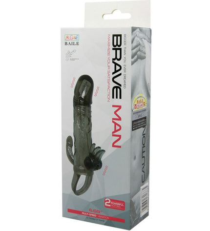 BAILE - COUVRE-PÉNIS BRAVE MAN AVEC STIMULATION CLITO ET ANAL DOUBLE BULLET NOIR 16.5 CM - Concombre Boutique