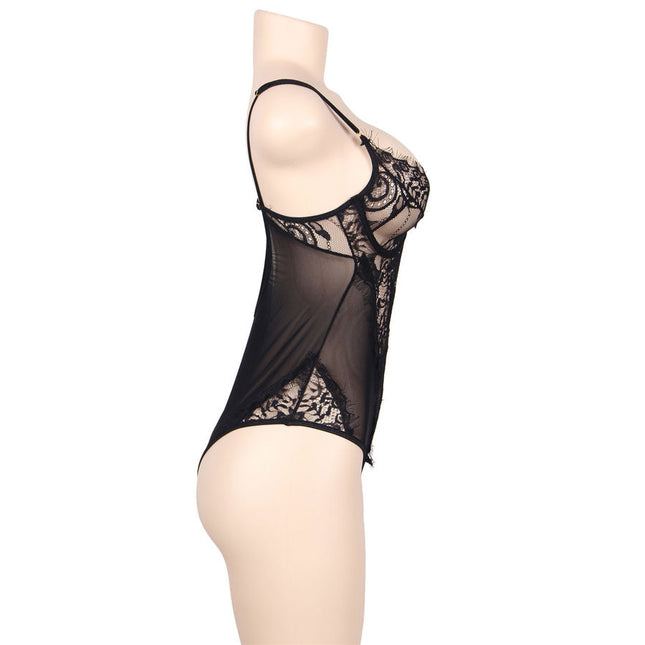 SUBBLIME - QUEEN PLUS DENTELLE FLORALE ET TEDDY NOIR FRANGES by SUBBLIME QUEEN PLUS SIZE