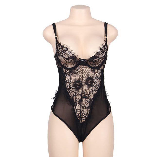 SUBBLIME - QUEEN PLUS DENTELLE FLORALE ET TEDDY NOIR FRANGES by SUBBLIME QUEEN PLUS SIZE