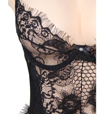 SUBBLIME - QUEEN PLUS DENTELLE FLORALE ET TEDDY NOIR FRANGES by SUBBLIME QUEEN PLUS SIZE