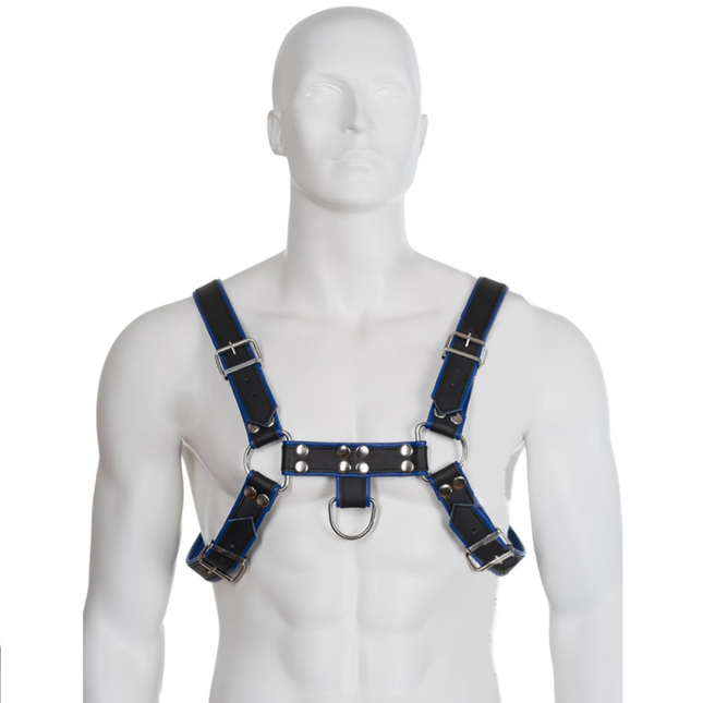 LEATHER BODY - HARNAIS EN CUIR BLEU ET NOIR POITRINE BULLDOG by LEATHER BODY