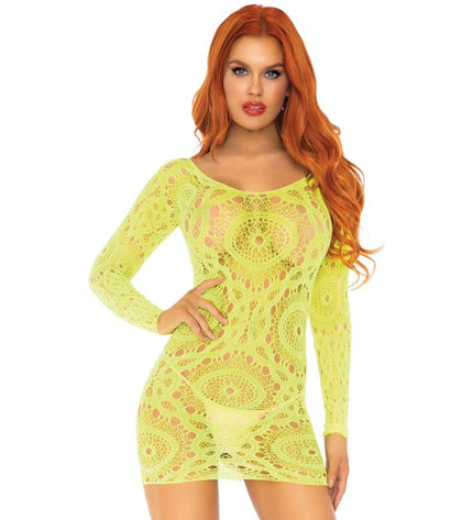 LEG AVENUE - MINI ROBE EN DENTELLE CROCHET MANCHES LONGUES NÉON TAILLE UNIQUE by LEG AVENUE DRESSES