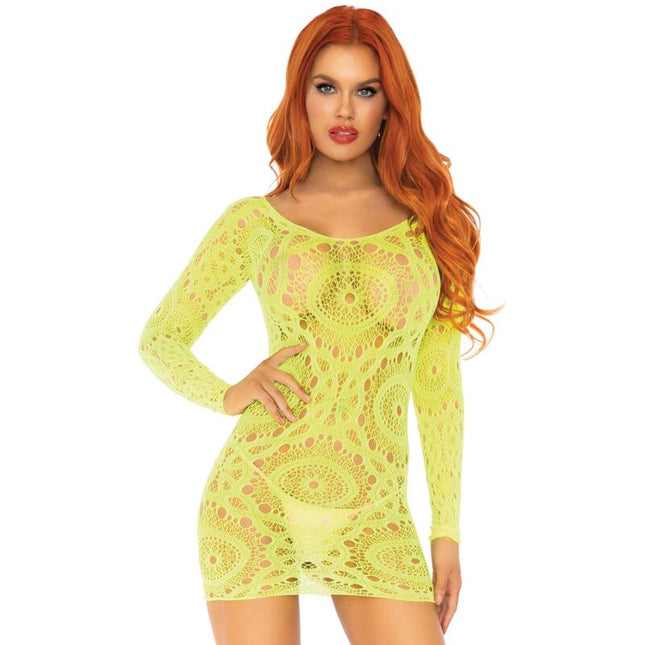 LEG AVENUE - MINI ROBE EN DENTELLE CROCHET MANCHES LONGUES NÉON TAILLE UNIQUE by LEG AVENUE DRESSES