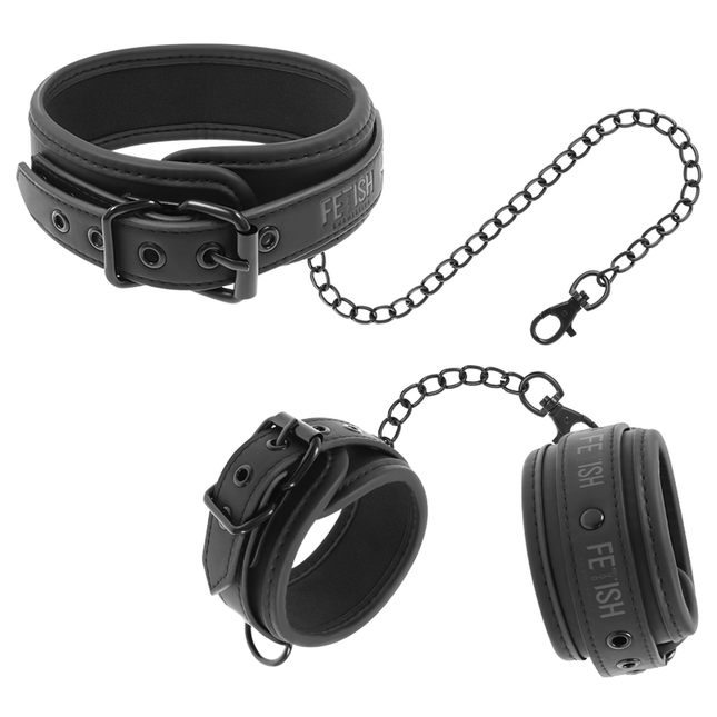 FETISH SUBMISSIVE - COLLIER ET MENOTTES EN CUIR VÉGAN AVEC DOUBLURE EN NOPRÈNE - Concombre Boutique